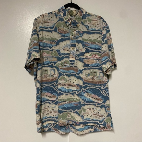 Vintage Reyn Spooner Detrich Varez Boat print Hawaiian Shirt Size L - Picture 1 of 7